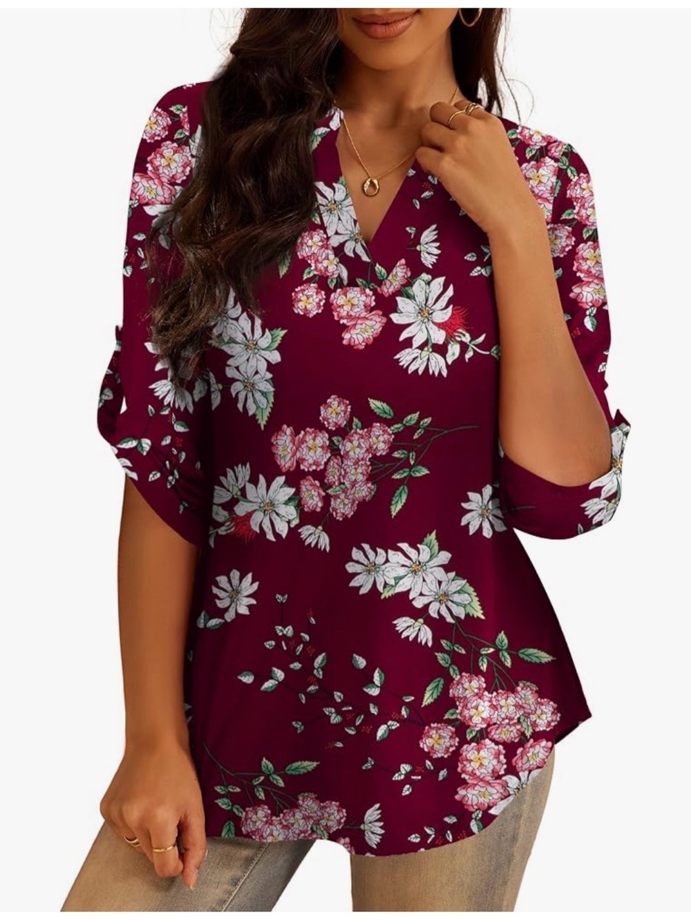 Women’s V- Neck Floral Zip Front Blouse